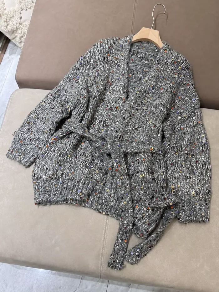 Cardigan en tricot à paillettes colorées scintillantes, manteau droit à manches longues en laine Moh