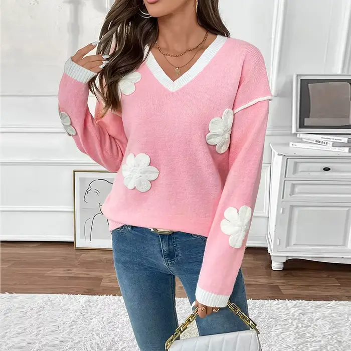 Nouveau Style Pull à Manches Longues Col en V Rose à Fleurs Femme Occasions Spéciales Automne Hiver