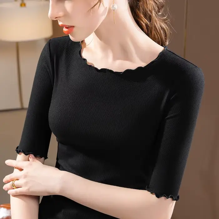 T-shirt côtelé à manches mi-longues pour femme – Haut basique ajusté