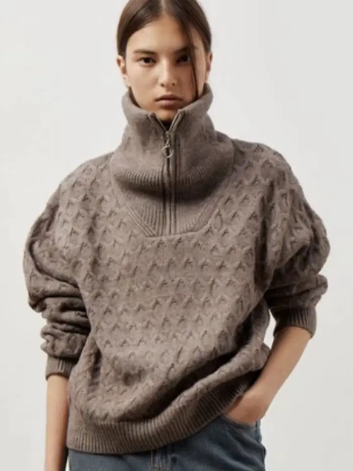 2025 automne/hiver nouveau Premium col haut demi-fermeture éclair pull femmes paresseux tricoté épai