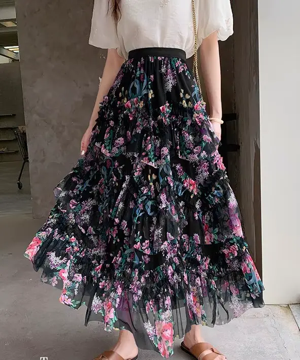 Nouveau en fleur imprimé maille irrégulière maille florale jupe longue femmes 2025 printemps françai