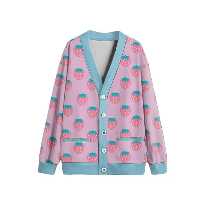 Cardigan polaire à col en v pour femme, imprimé fraise, rose Pastel, boutons, poches sur le devant, 