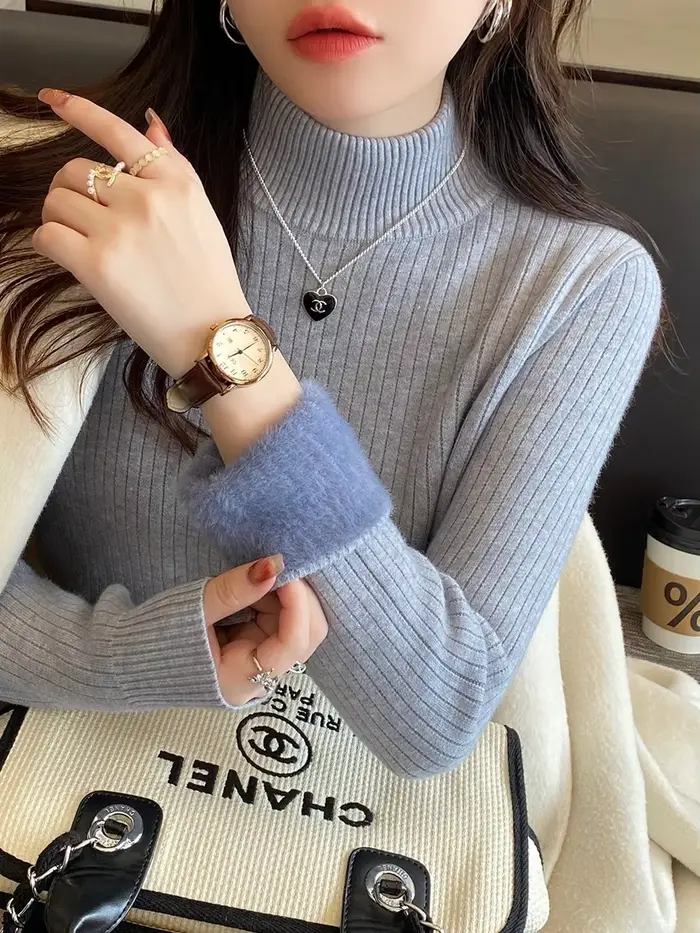 Pull pour femmes hiver épaissir col roulé mince tricot pull nouveau chaud en peluche velours doublé 