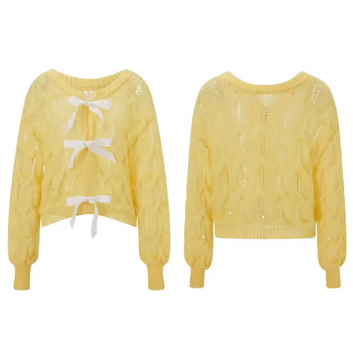 Puloru-Pull en tricot évidé à manches longues pour femmes, pull à col rond, tricot chaud, nœud dans 