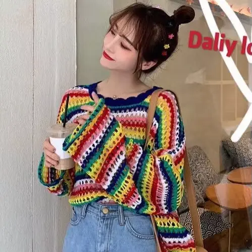 Pull arc-en-ciel pour femme, haut Kawaii avec couvre-chef, Harajuku, tricoté au Crochet, mignon en c