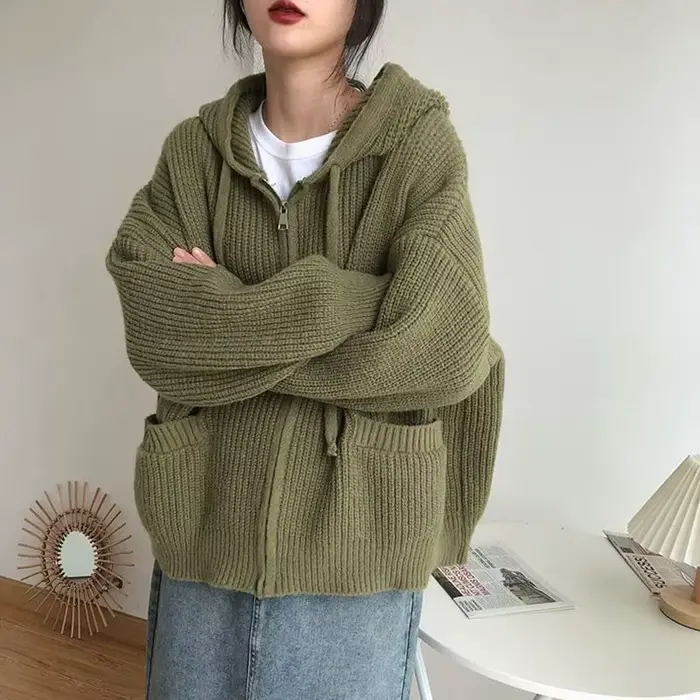 Pullover-Cardigan Epais et Chaud pour Femme Manteau Vintage a Capuche Avec Poches et Fermeture Eclair Collection Automne Hiver Occasions Speciales