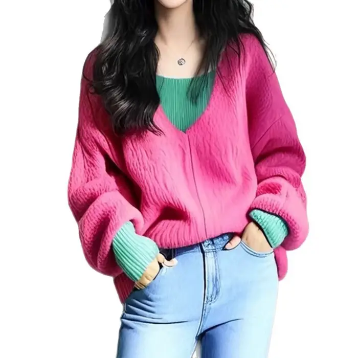 Pull à col en v de couleur contrastée pour femmes