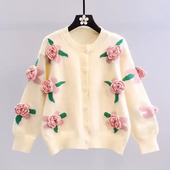 Cardigan en tricot à col rond pour femme, pull à fleurs, automne/hiver