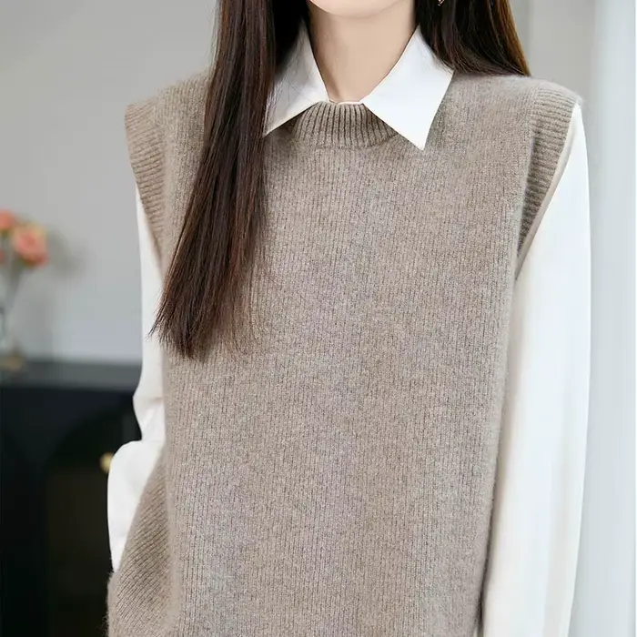 Nouveau pull gilet 100% laine mérinos pour femmes col rond couleur unie tricoté