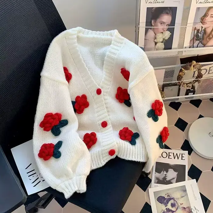 Femmes Cardigan chandails automne surdimensionné gros 3d fleur ouvert devant tricot vestes à la mode