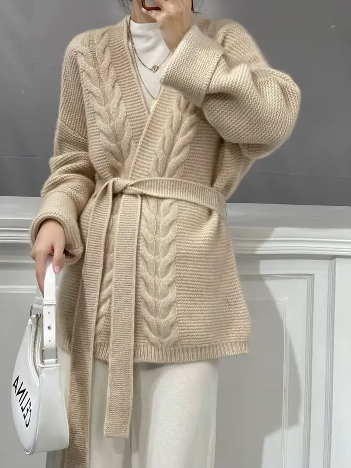 Cardigan en cachemire pour femme, col en V, ceinture rembourrée lourde, long manteau tricoté, pull paresseux à l'extérieur, nouveau modèle automne-hiver, coupe ample, style bureau dame, pour l'automne et l'hiver, occasions spéciales, cadeau idéal pour la fête de Thanksgiving