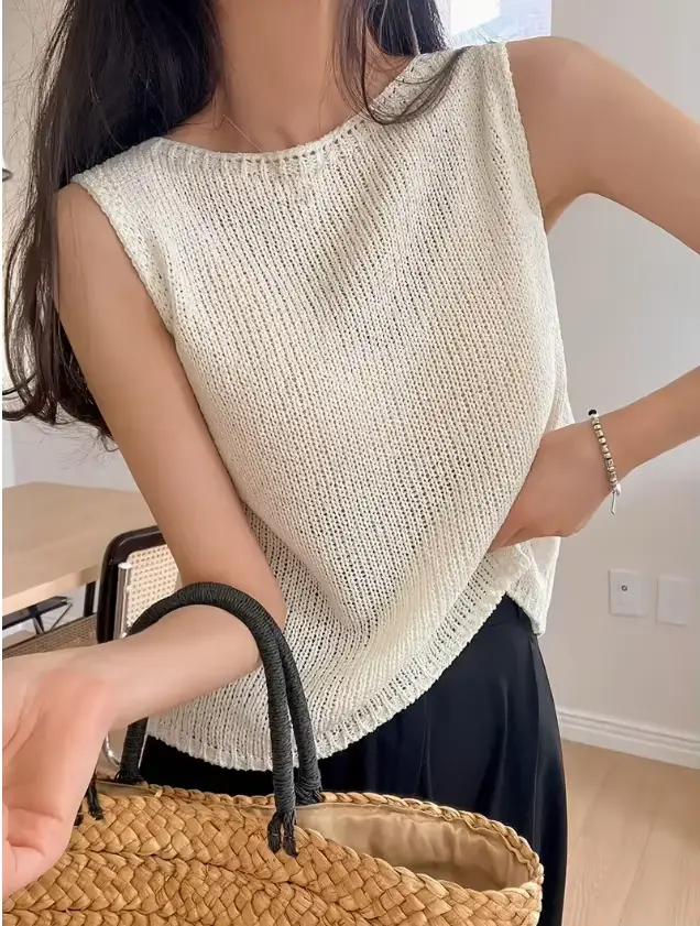 Gilet tricoté sans manches pour femme, couleur unie, élégant, polyvalent et stylé, idéal pour les tr