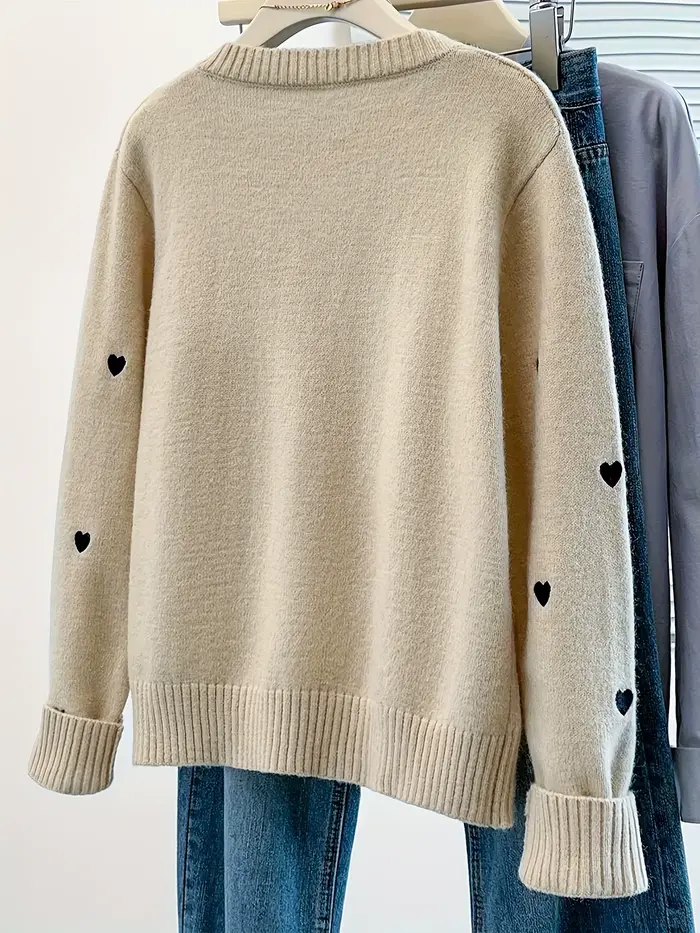 Cardigan pour femme avec broderie en forme de cœur pull en tricot boutonné sur le devant manteau décontracté et élégant pour l'automne et l'hiver