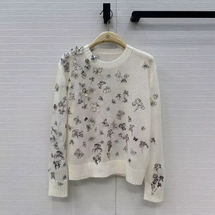 Nouveau printemps mode 3D broderie papillon doux mince pull femmes col rond à manches longues laine 