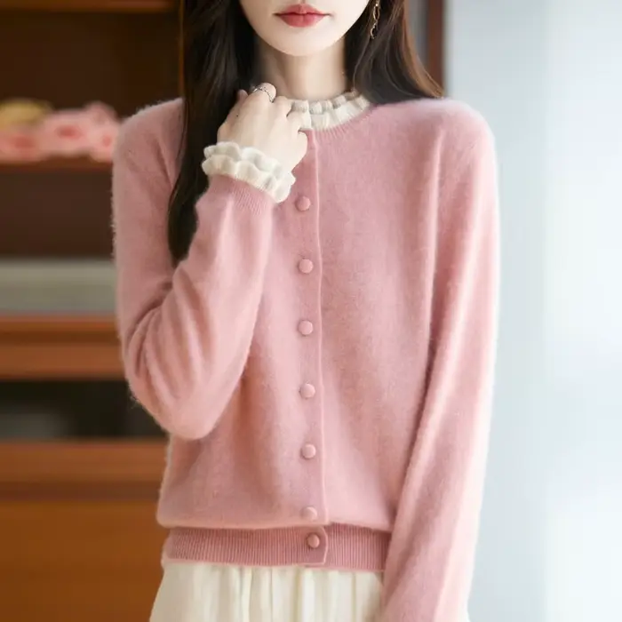 Cardigan Chic en laine mérinos pour femme, pull Jacquard épais, doux et chaud, décontracté, col rond