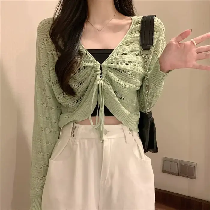 Cardigan rose réversible en tricot ajouré avec cordon de serrage pour femme