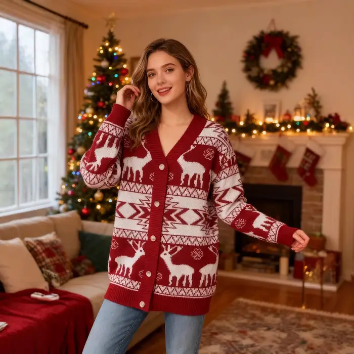 2025 nouveau Cardigan Jacquard rouge pull de noël