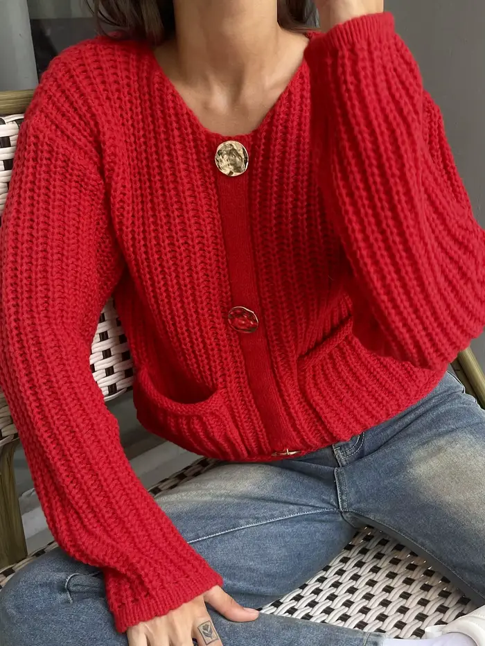 Cardigan en tricot côtelé rouge pour femmes, surdimensionné, grande poche à boutons, pull décontract