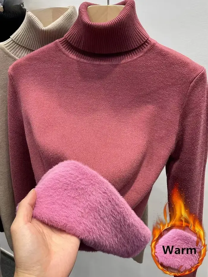 Pull en peluche polaire doublé tricot pour femmes, col roulé, décontracté, polyester, acrylique et coton, pour l'automne et l'hiver, confort et style élégant