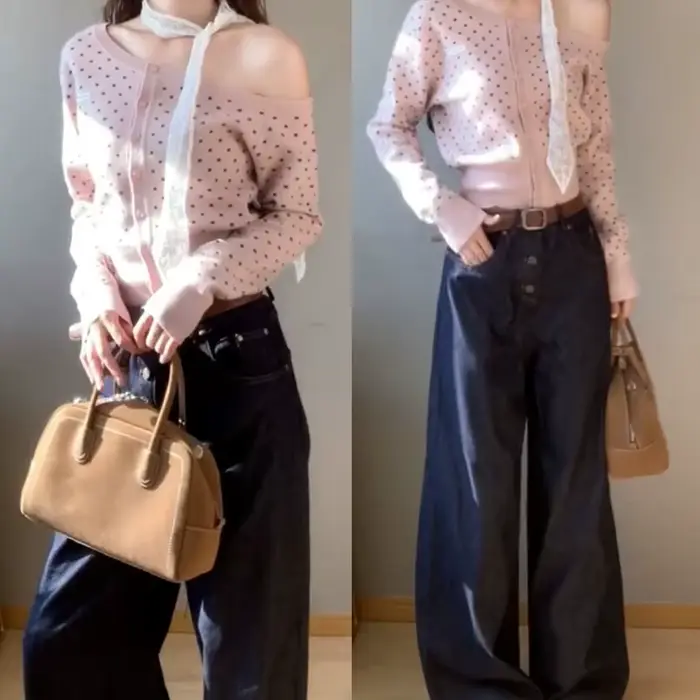 Cardigan en tricot rose à pois à manches longues et épaules dénudées pour femme, nouvelle collection