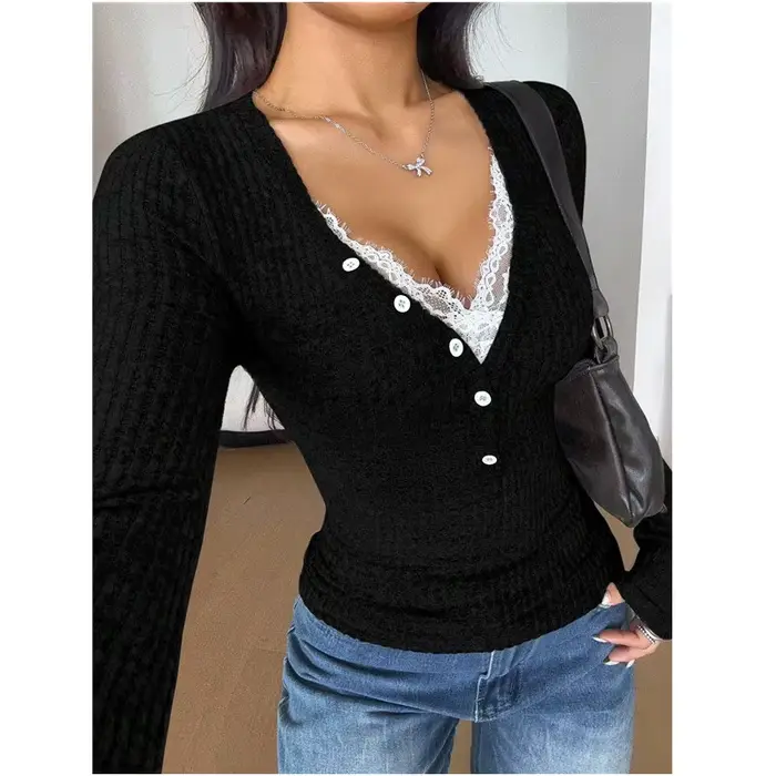 Pulls en dentelle tricotés à col en V pour femmes