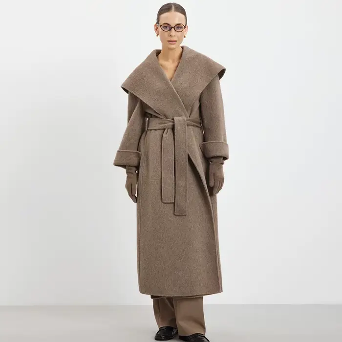 Élégant grand col Long manteau femmes rétro Chic lâche châle Tweed manteaux avec ceinture femme 2025