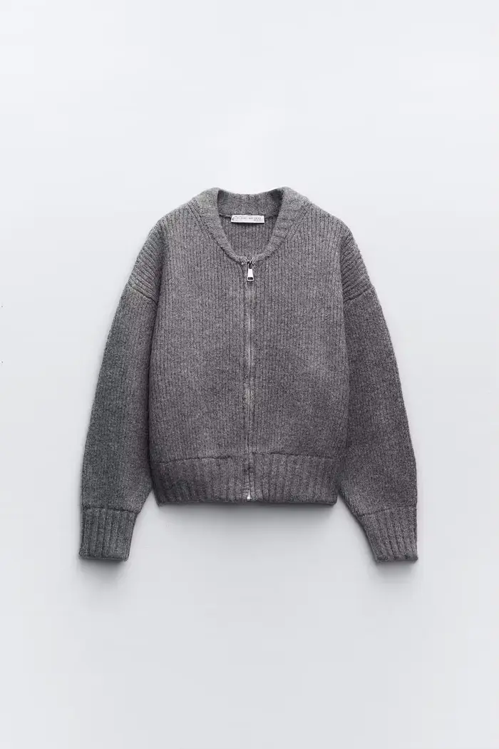 Pullover Grise à Manches sulfet Col Rond pour Femme, Cardigan à Fermeture Éclair, à la Mode, Automne
