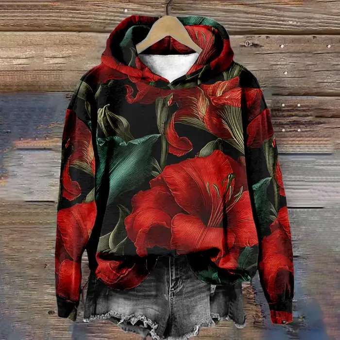 Sweat-shirt à capuche bohème à fleurs colorées, pull rétro imprimé, coupe ample, sweat à capuche de 