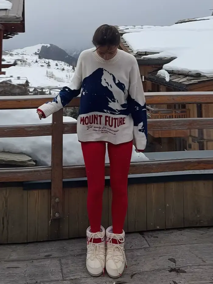 Pulls pour femmes en maille jacquard à motif 'Mountain Letter', col rond, manches longues, coupe amp
