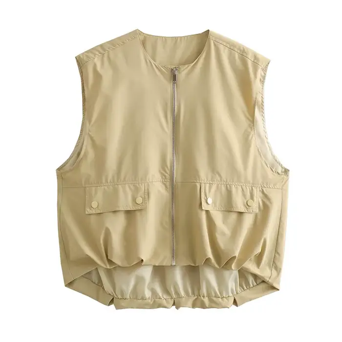 Gilet court pour femmes, gilet à fermeture éclair, sans manches, manteaux amples, Chic, hauts plissé