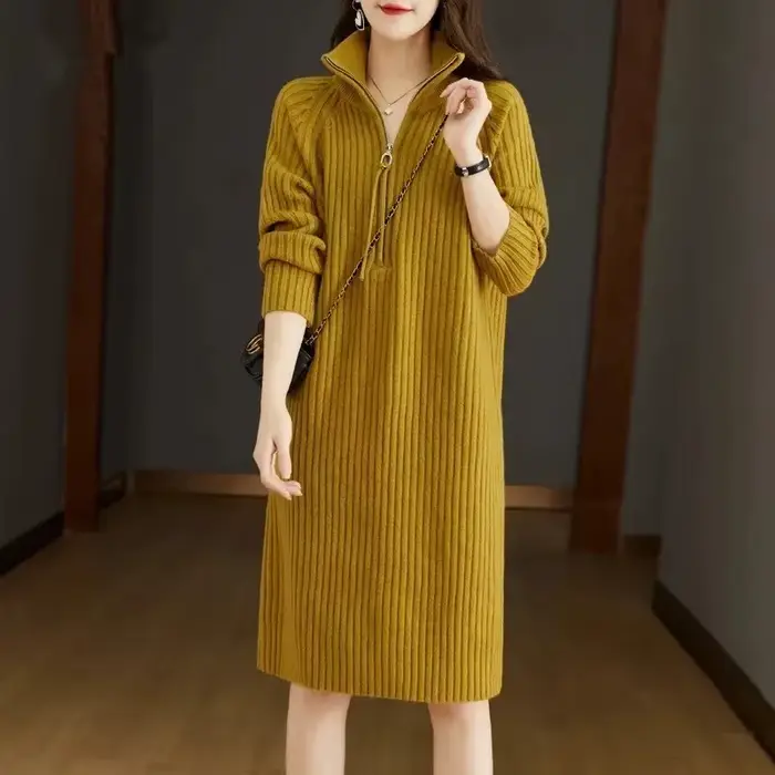Robe pull à col roulé élégante et décontractée pour femmes, polyester acrylique, automne hiver, bleu ivoire vert armée noir vert