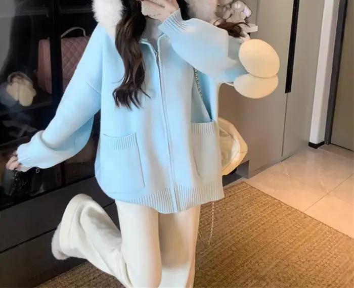 Veste pull à capuche pour femme, Cardigan tricoté épais, ample et chaud, col en laine, nouvelle coll