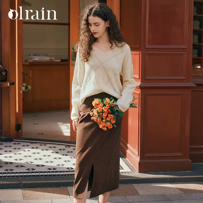 OLrain Pulls Solides Argyle Automne 2026 Coupe Ample Décontractée Col V Creux en Mohair Doux Tricot 