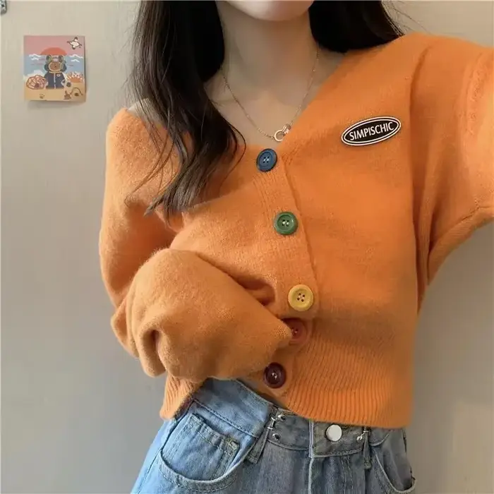 Cardigan pour femmes à manches longues tricoté chandails pull recadrée Crochet Kawaii col en V Cardi