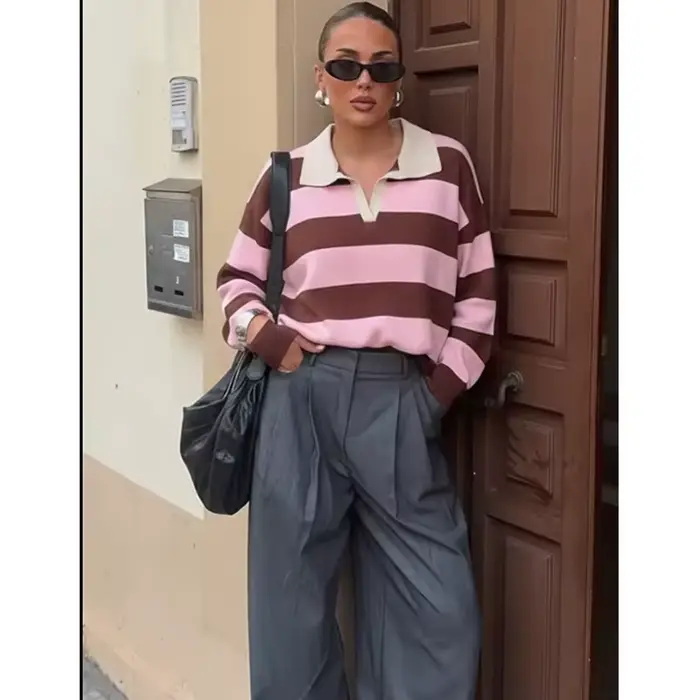 Nouveau Pull-Over Chic en Maille Rayée pour Femme Printemps 2026 – Tendance Jeune