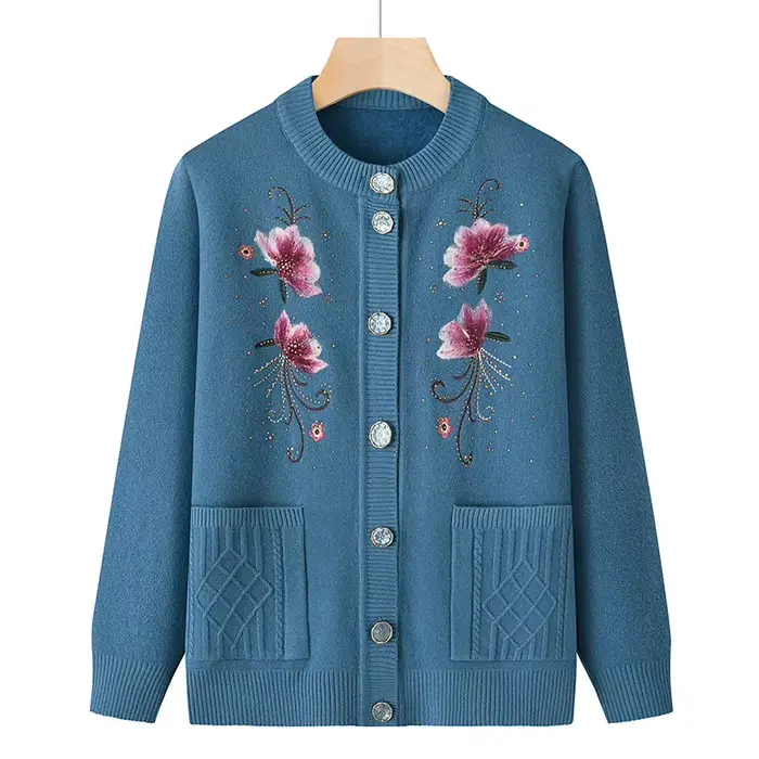 Pull XL-4XL femmes imprimé ajouter velours hiver Cardigan manteau d'âge moyen mère ogo veste chaude grand-mère