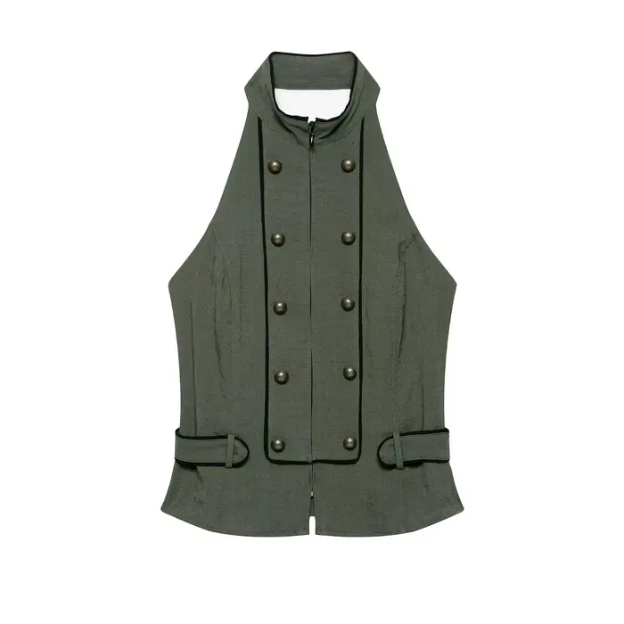 Gilet militaire style halter pour femme, printemps-automne, double boutonnage, dos ouvert, sans manc