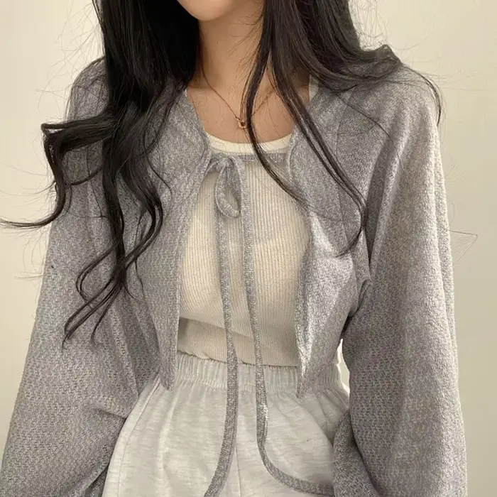 Cardigan Blanc Fin à Lacets pour Femme, Tricot d'Été, Protection Solaire, Mode Coréenne, Manches Lan