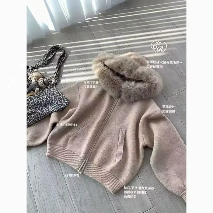 Veste Cardigan tricotée à col en fourrure texturée haut de gamme pour femmes