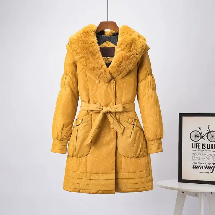 Col de fourrure amovible doudoune moyenne et longue mode femme ceinture mince manteau d'hiver en duv