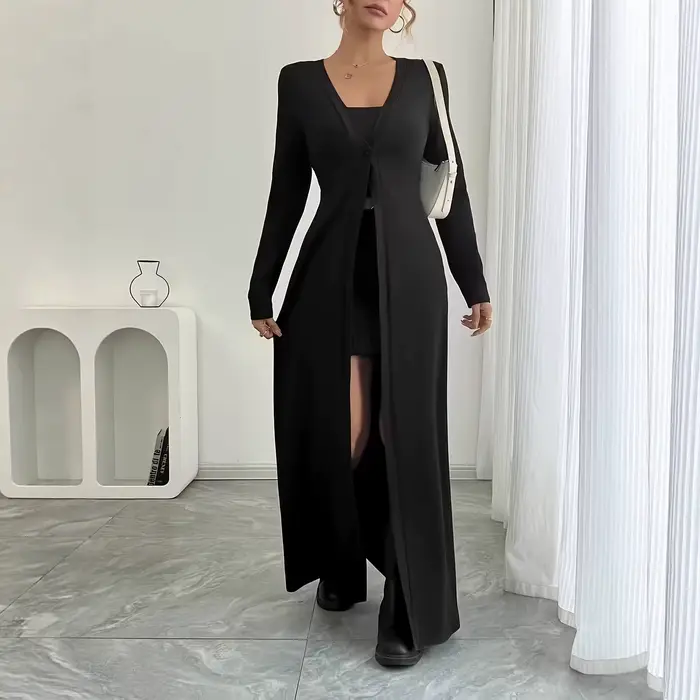 Cardigan noir tricoté polyvalent à col en V et à un seul bouton, coupe ajustée et amincissante, long