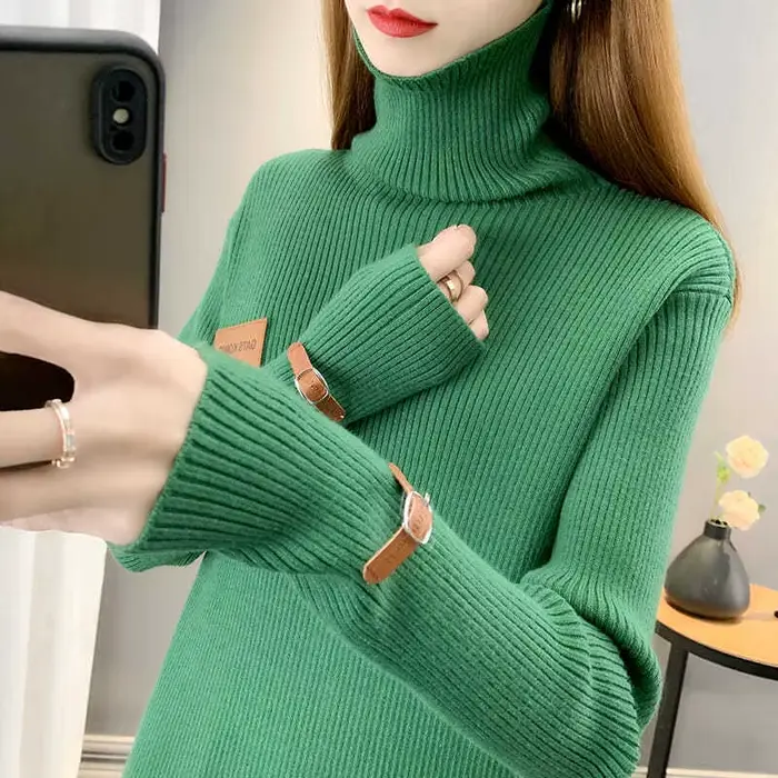 Pull tricoté col roulé uni tendance pour femme – Nouveauté automne – Haut décontracté ample style co