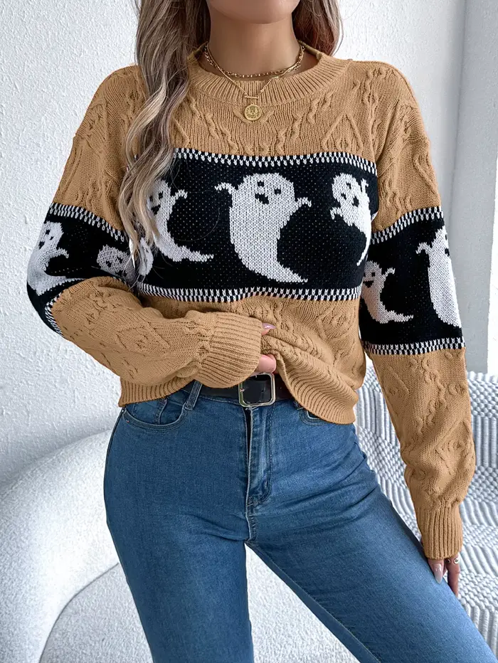 Pull tricoté décontracté à col rond et manches longues pour femme, motif fantôme contrastant rayé, c