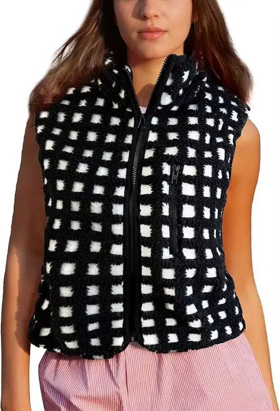 Gilet en polaire gaufré pour femme, sans manches, col haut, fermeture éclair, automne/hiver 2025
