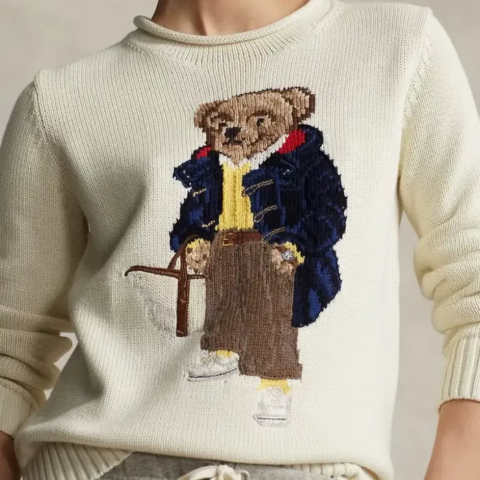 Pull en coton à motif d'ours mignon, Style doux, polyvalent, manches longues, col rond, nouvelle col
