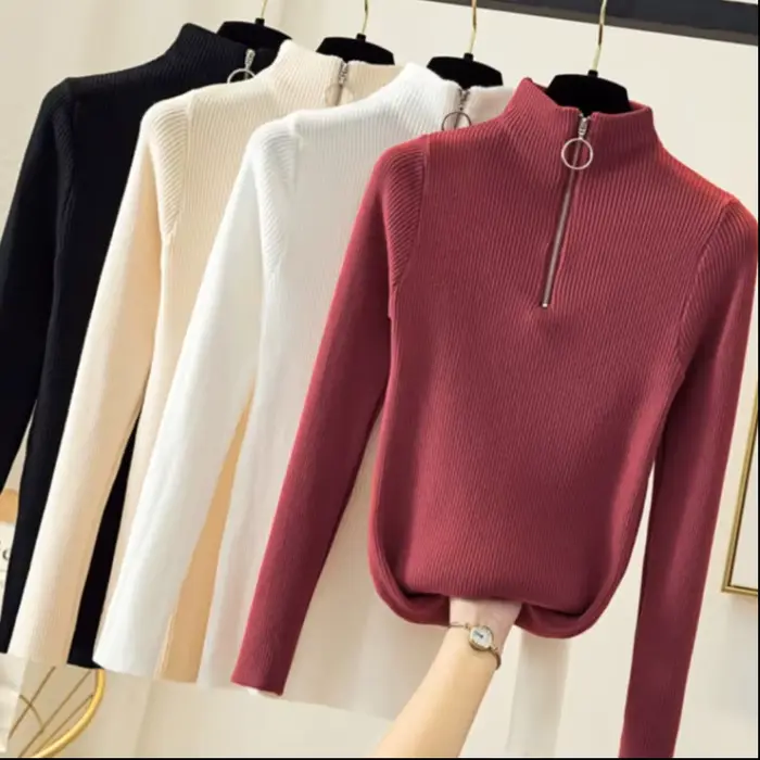 Pull acrylique et coton décontracté pour femmes automne hiver, fermeture éclair, haute élasticité, col mi-haut, élégant et confortable pour les jeunes femmes ```