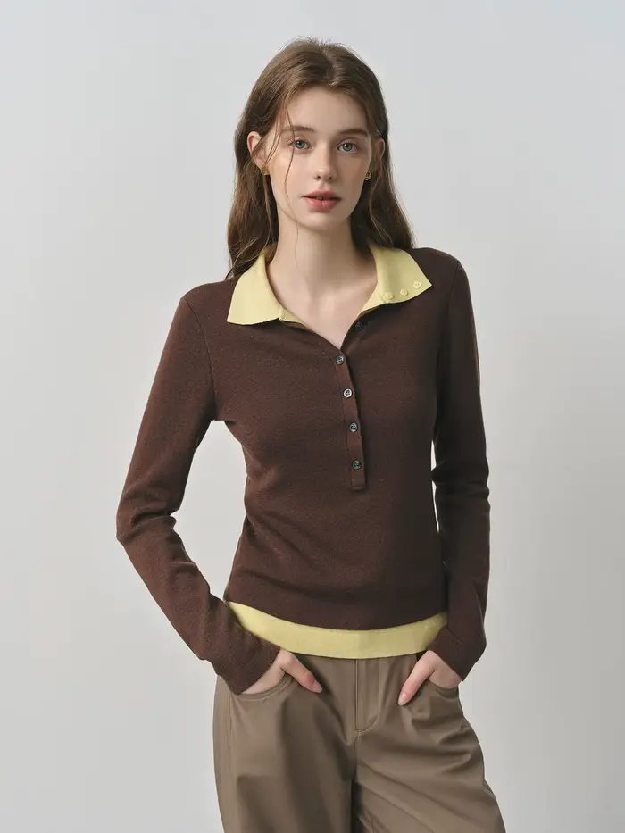 FSLE 2025 nouveau automne femmes pull tricoté couleur bloc Barenia Style faux deux pièces col tourna