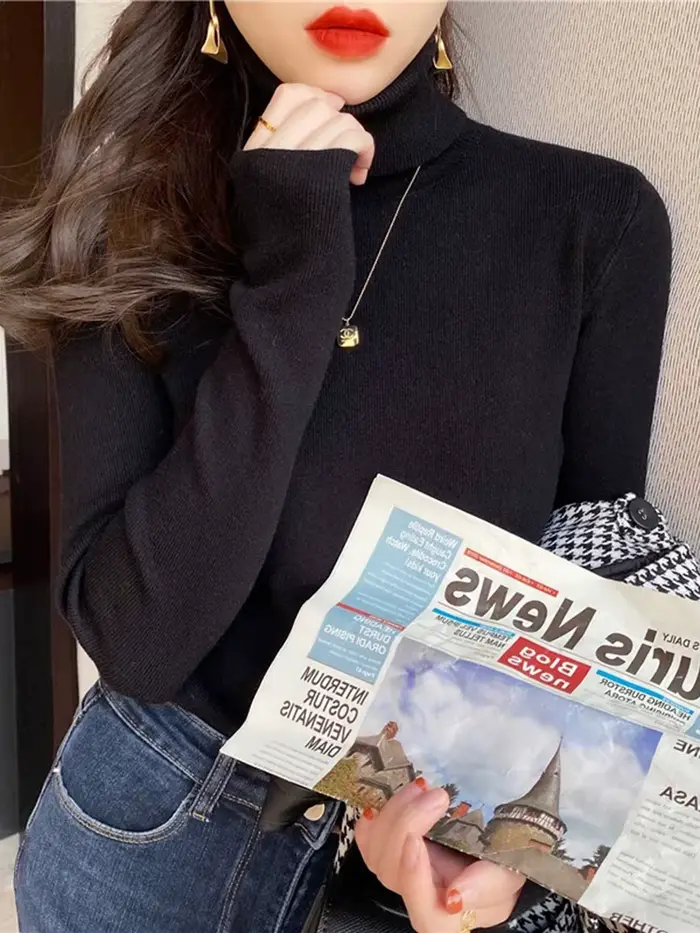 Pulls à col roulé pour femmes, pulls à manches longues, tricots élastiques, pull basique mince, doux