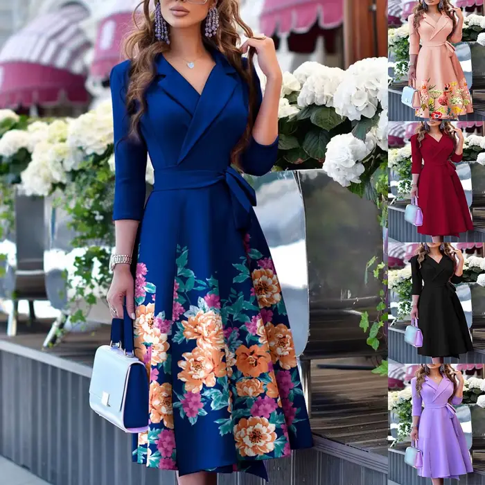 Robe polyester imprimé floral col rabattu mi-longue élégante pour femmes printemps été occasions spéciales