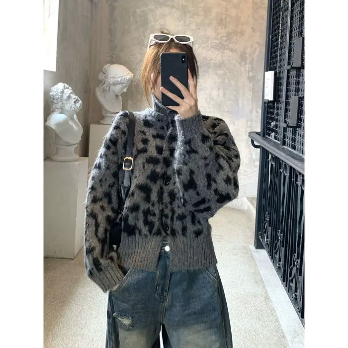 Cardigan tricoté à manches longues imprimé léopard, haut de gamme, Unique et beau, veste pull pour f